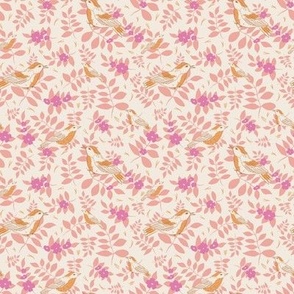 Vintage Sweet Botanicals with Birds in muted peach, mustard yellow, pink, and beige