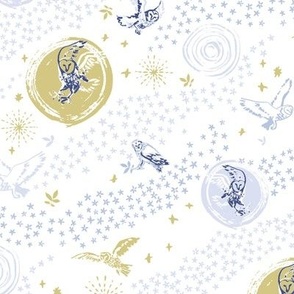 celestial owls by moonlight & night blooming jasmine -  blue & gold on white-12"