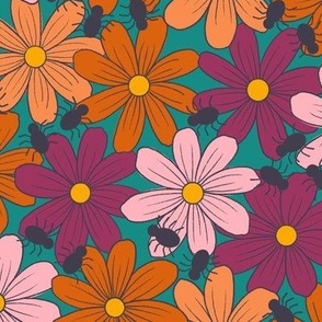 Medium Autumn Daisies on Teal Green with Spiders for Halloween