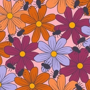 Medium Autumn Daisies on Pink with Spiders for Halloween