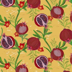 Crimson Red Pomegranates on Saffron Yellow - Tropical Fruit - Kitchen Fabric - Fun