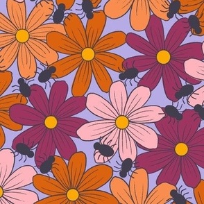 Medium Autumn Daisies on Periwinkle Blue with Spiders for Halloween