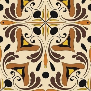 Abstract Floral Tile in Sand with Goldenrod Black and Burnt Umber Brown Earth Tones  // Large Scale