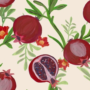 Pomegranate Pattern on Eggshell Background - Red - Large Scale - Tropical Fruit - Painted