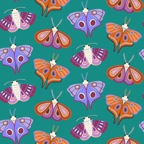 Small Magical Moths on Teal Green for Autumn and Halloween