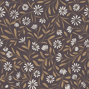 Flowy Textured Floral _ Creamy White_ Lion Gold Yellow_ Purple-Brown-Gray _ Pretty Flowers