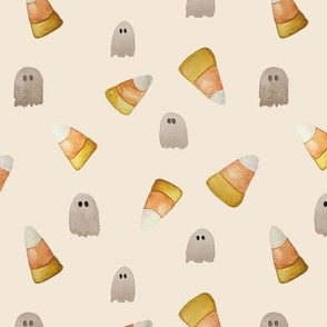 Watercolor Candy Corn and Ghosts on Cream medium