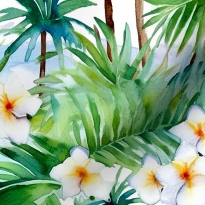 Hawaiian Ocean Plumeria Flowers Palm Leaves