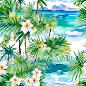 Hawaiian Ocean Plumeria Flowers Palm Leaves