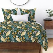 Barn Owls and Floral Cottagecore - Woodland Nocturnal Animals - Dark Green