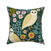 Barn Owls and Floral Cottagecore - Woodland Nocturnal Animals - Dark Green