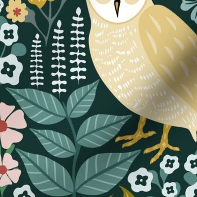 Barn Owls and Floral Cottagecore - Woodland Nocturnal Animals - Dark Green