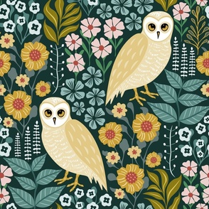 Barn Owls and Floral Cottagecore - Woodland Nocturnal Animals - Dark Green