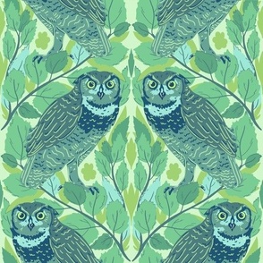 Birds of Prey, Owls in the Night, Green + Blue