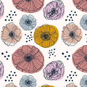 Whimsical poppies in pastels and pops of mustard