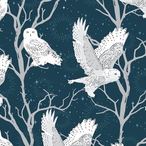 Midnight Stars Snow Owls in Trees Wallpaper // Large //