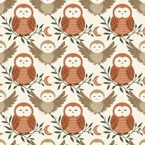 Owls burnt rustic orange boho vintage modern 