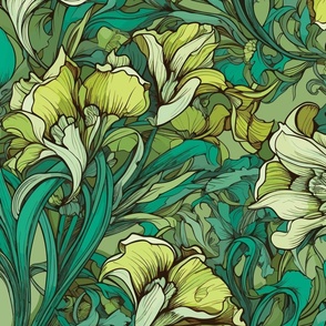 Art Nouveau Iris Floral Romantic Dress Home Textile - Emerald and Lime Green with Bold Colors