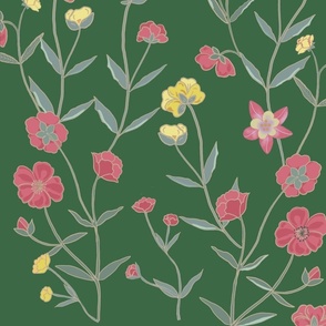 Trailing buttercups pink and yellow on dark green