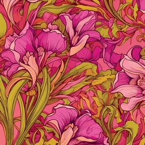 Art Nouveau Iris Floral Romantic Dress Home Textile - Fuchsia Pink and Green with Bold Colors