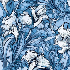 Art Nouveau Iris Floral Romantic Dress Home Textile - Cerulean Azure Blue and White