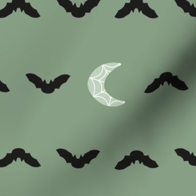 cute halloween bats and spiderweb moons in black and light mint sage green on mint sage green