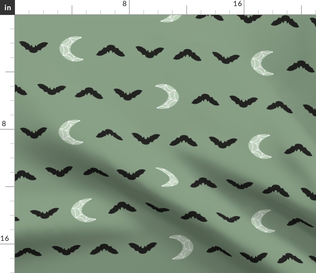 cute halloween bats and spiderweb moons in black and light mint sage green on mint sage green