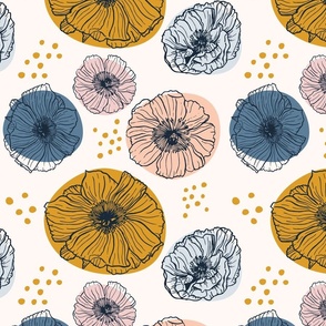 Poppies in pastels, mustard and blue