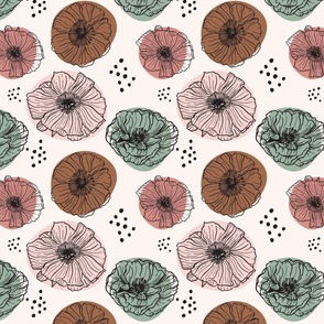 Whimsical Poppies in blush, mint and bronze