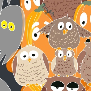 cute owls, funny pumpkins, and sweet ghosts for Halloween in dark background - large scale