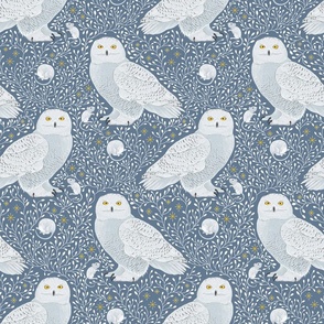 Birds of prey snowy owls on blue