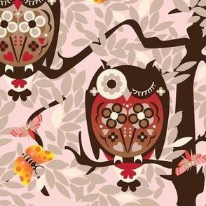 Birds of Prey Scandi Folk Owls in Trees Pink Brown Childrens Wallpaper