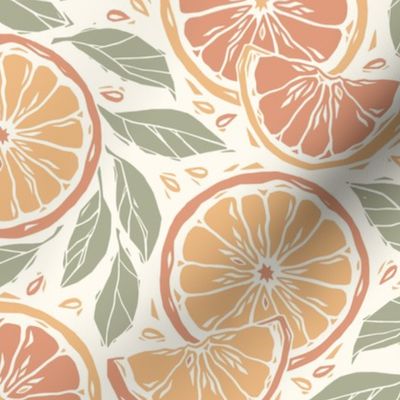 Summer Citrus Oranges Block Print Style, Orange, Green
