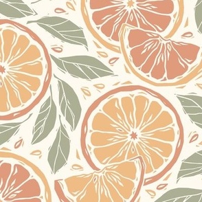 Summer Citrus Oranges Block Print Style, Orange, Green