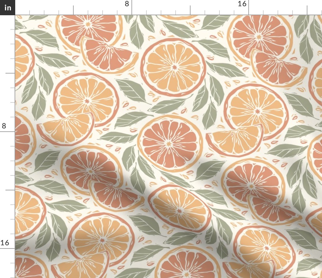 Summer Citrus Oranges Block Print Style, Orange, Green