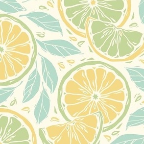 Summer Citrus Lemons & Limes Block Print Style, Yellow, Green