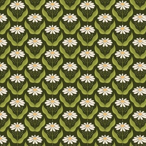 Proud Daisies - Simple Symmetrical Daisy with Leaves, Arranged in a Diamond Grid Pattern - Cream on Dark Green - shw1022 b - small scale