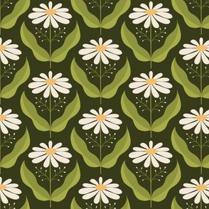 Proud Daisies - Simple Symmetrical Daisy with Leaves, Arranged in a Diamond Grid Pattern - Cream on Dark Green - shw1022 b - medium scale