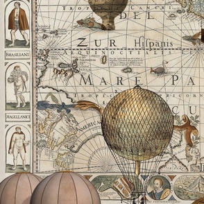 The Americas Antique World Map Steampunk Hot Air Balloon Vintage Travel Pattern Large Scale