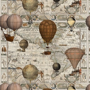 The Americas Antique World Map Steampunk Hot Air Balloon Vintage Travel Pattern Medium Scale