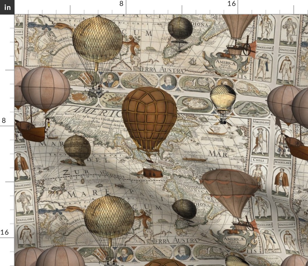 The Americas Antique World Map Steampunk Hot Air Balloon Vintage Travel Pattern Medium Scale