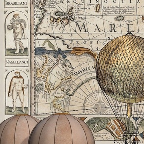 The Americas Antique World Map Steampunk Hot Air Balloon Vintage Travel Pattern Smaller Scale
