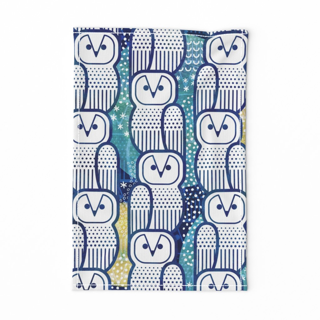 Wide Awake Owls- Midcentury Geometric Indigo Blue Owl- Pattern Clash- Kids Wallpaper- Novelty Gender Neutral Playroom- Navy Blue and Yellow Birds of Prey- Large