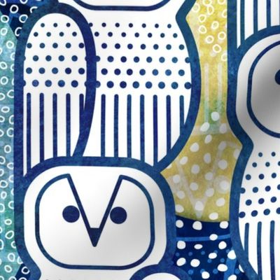 Wide Awake Owls- Midcentury Geometric Indigo Blue Owl- Pattern Clash- Kids Wallpaper- Novelty Gender Neutral Playroom- Navy Blue and Yellow Birds of Prey- Large