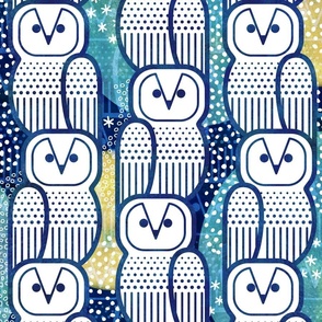 Wide Awake Owls- Midcentury Geometric Indigo Blue Owl- Pattern Clash- Kids Wallpaper- Novelty Gender Neutral Playroom- Navy Blue and Yellow Birds of Prey- Large