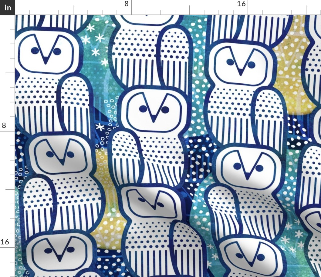 Wide Awake Owls- Midcentury Geometric Indigo Blue Owl- Pattern Clash- Kids Wallpaper- Novelty Gender Neutral Playroom- Navy Blue and Yellow Birds of Prey- Large