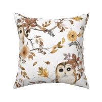 Forest owl watercolor - Rustic forest - Brown Gold White - Medium
