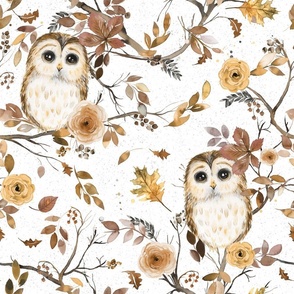 Owl with flowers Autumn forest watercolor Gold White Medium