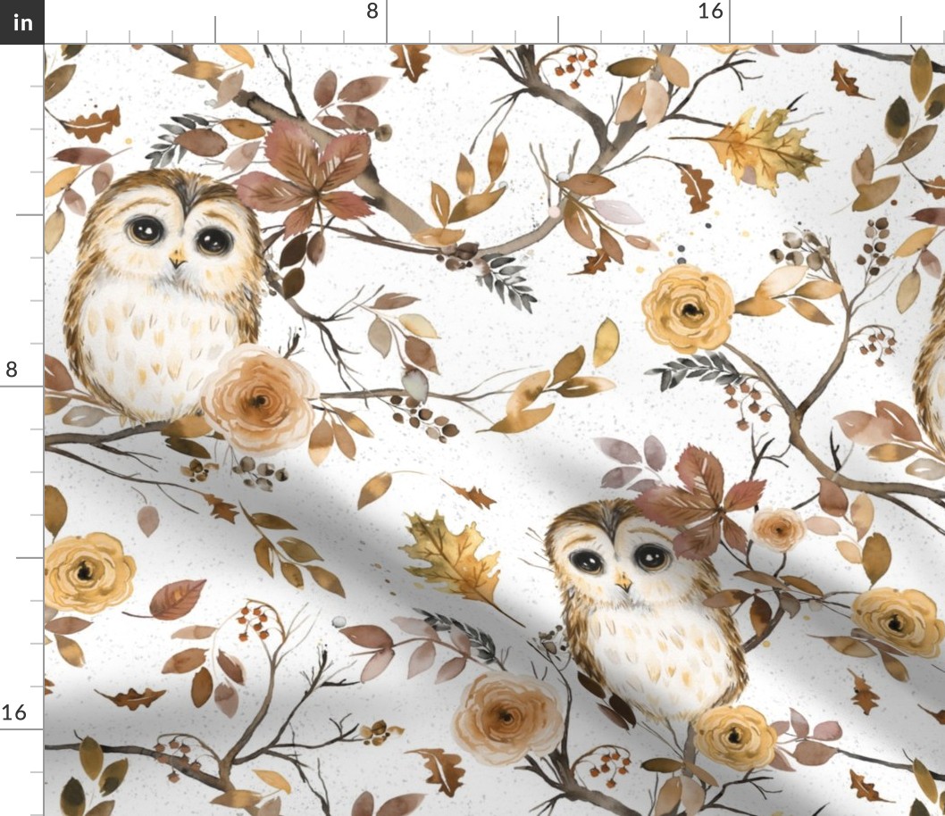 Forest owl watercolor - Rustic forest - Brown Gold White - Medium
