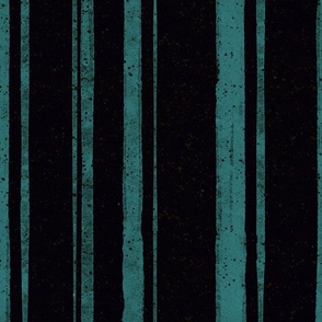 Hand drawn large scale teal vertical multiline stripe with splatter texture on black